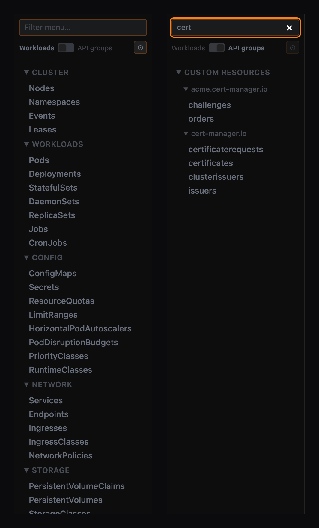 The sidebar twice: the Workloads taxonomy, and the API-groups taxonomy filtered to "cert".