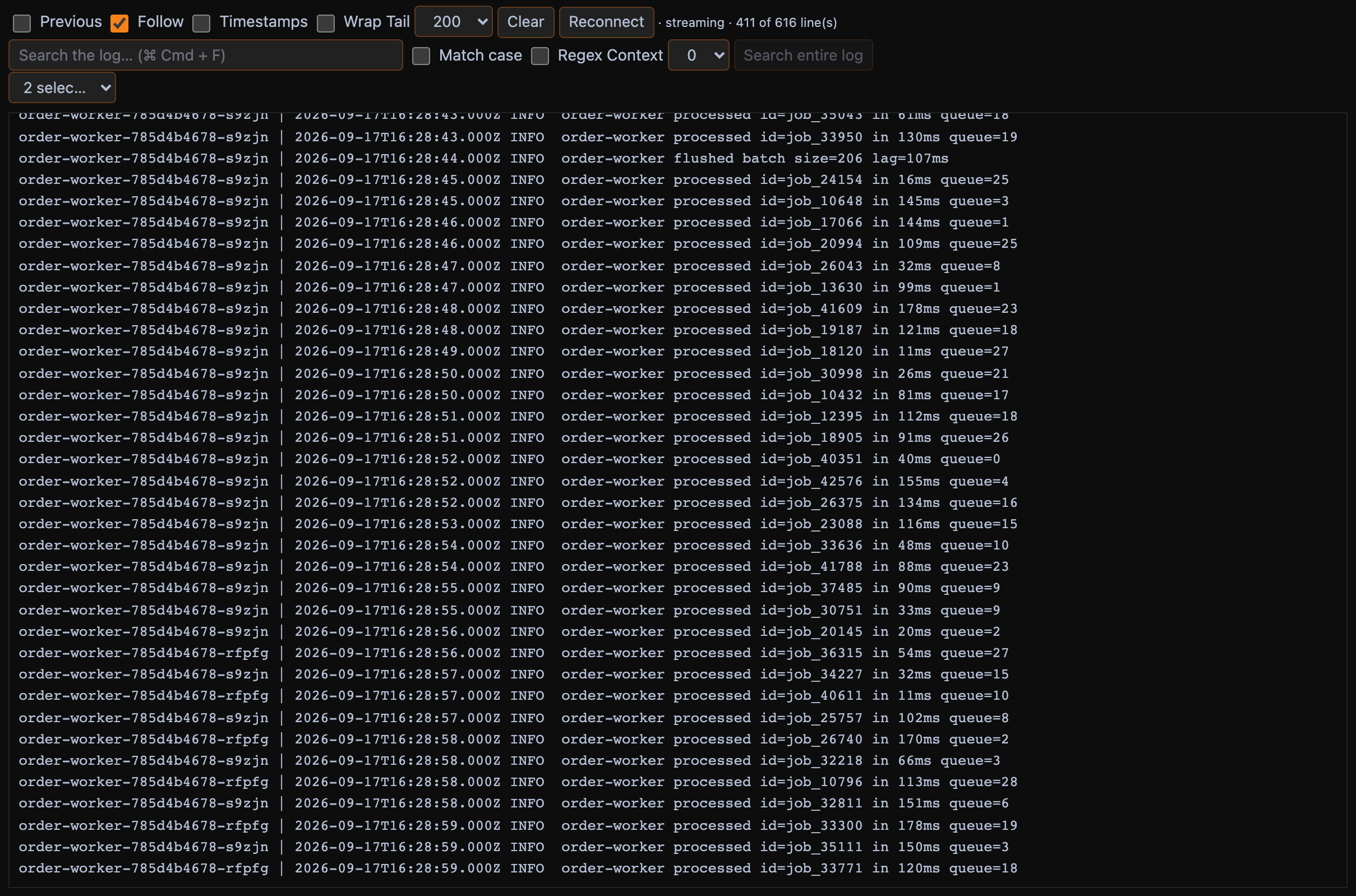 Logs of a Deployment's three pods merged into one stream, each line tagged with its pod, one pod muted.
