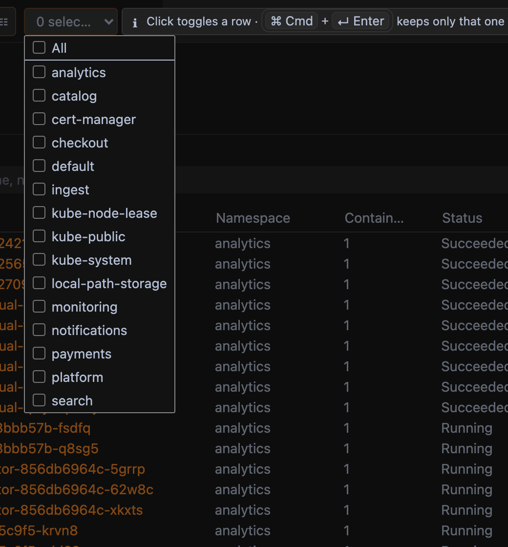 The namespace scope picker open, with checkout, payments and platform ticked.