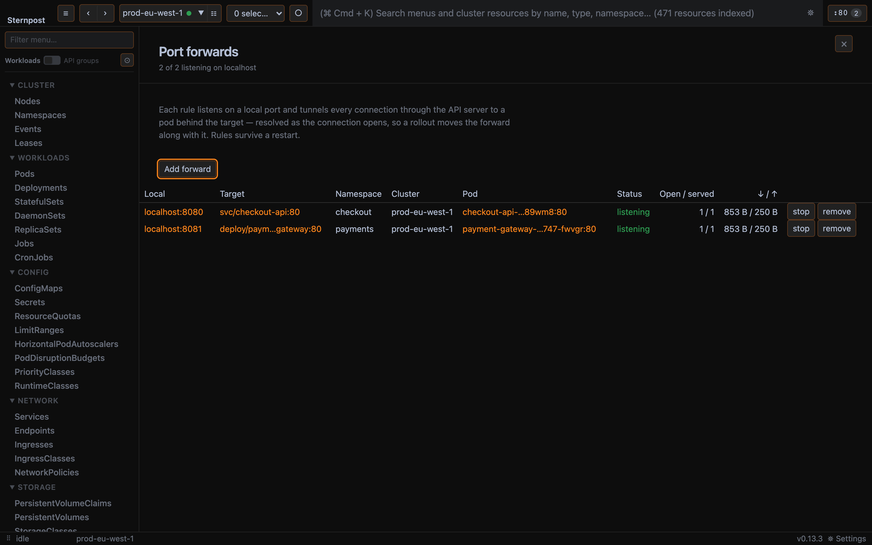 The port-forwards page with two rules, one to a Service showing which pod it currently reaches, and the header's forward counter.