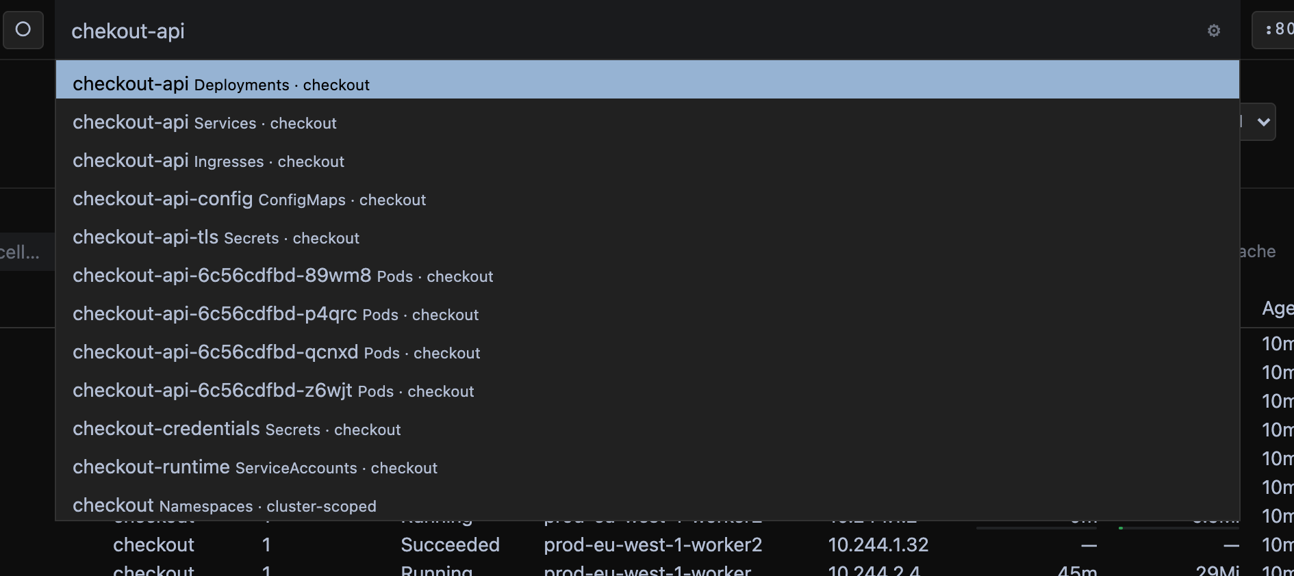 The command palette matching a misspelled name to checkout-api.